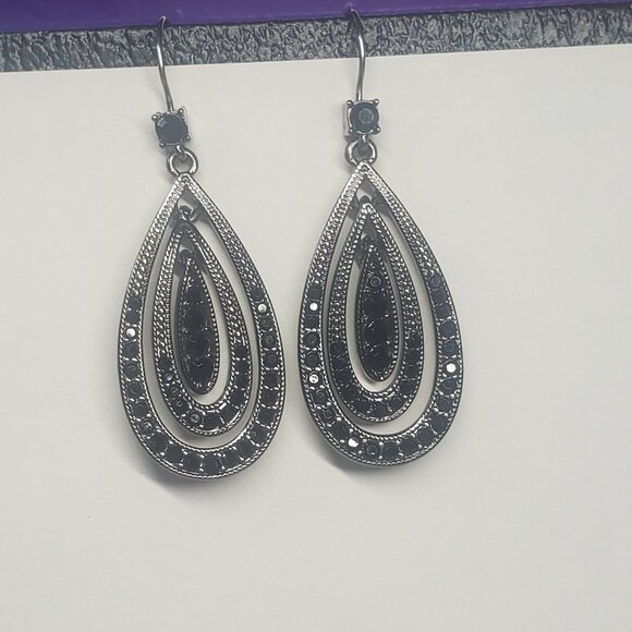 Liz Claiborne Gunmetal and Black Crystal Teardrop Earrings - Picture 4 of 5
